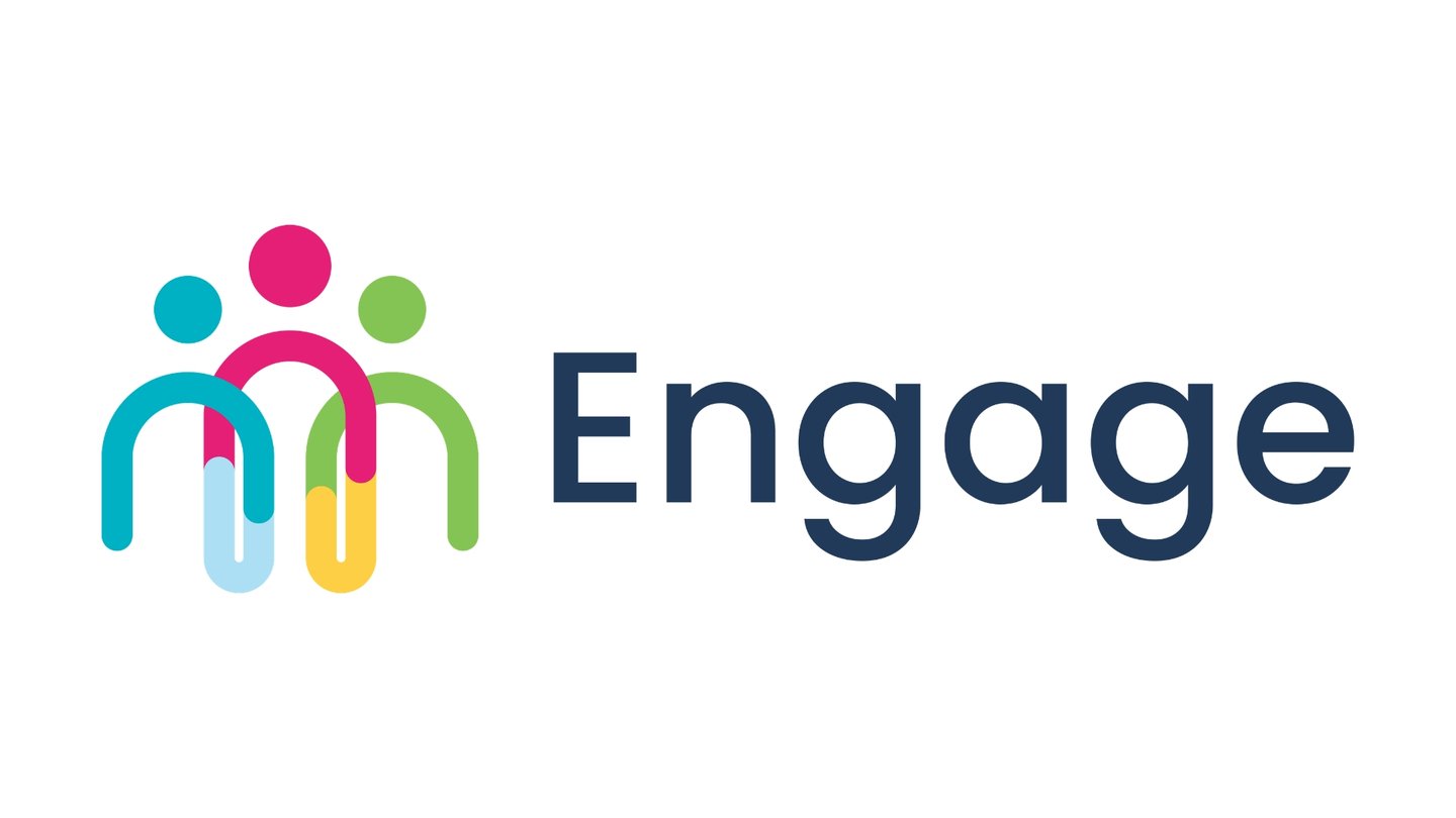 Blue, pink, yellow and green logo for Solving Kids' Cancer UK and CCLG's lived experience platform, Engage