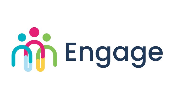 Blue, pink, yellow and green logo for Solving Kids' Cancer UK and CCLG's lived experience platform, Engage