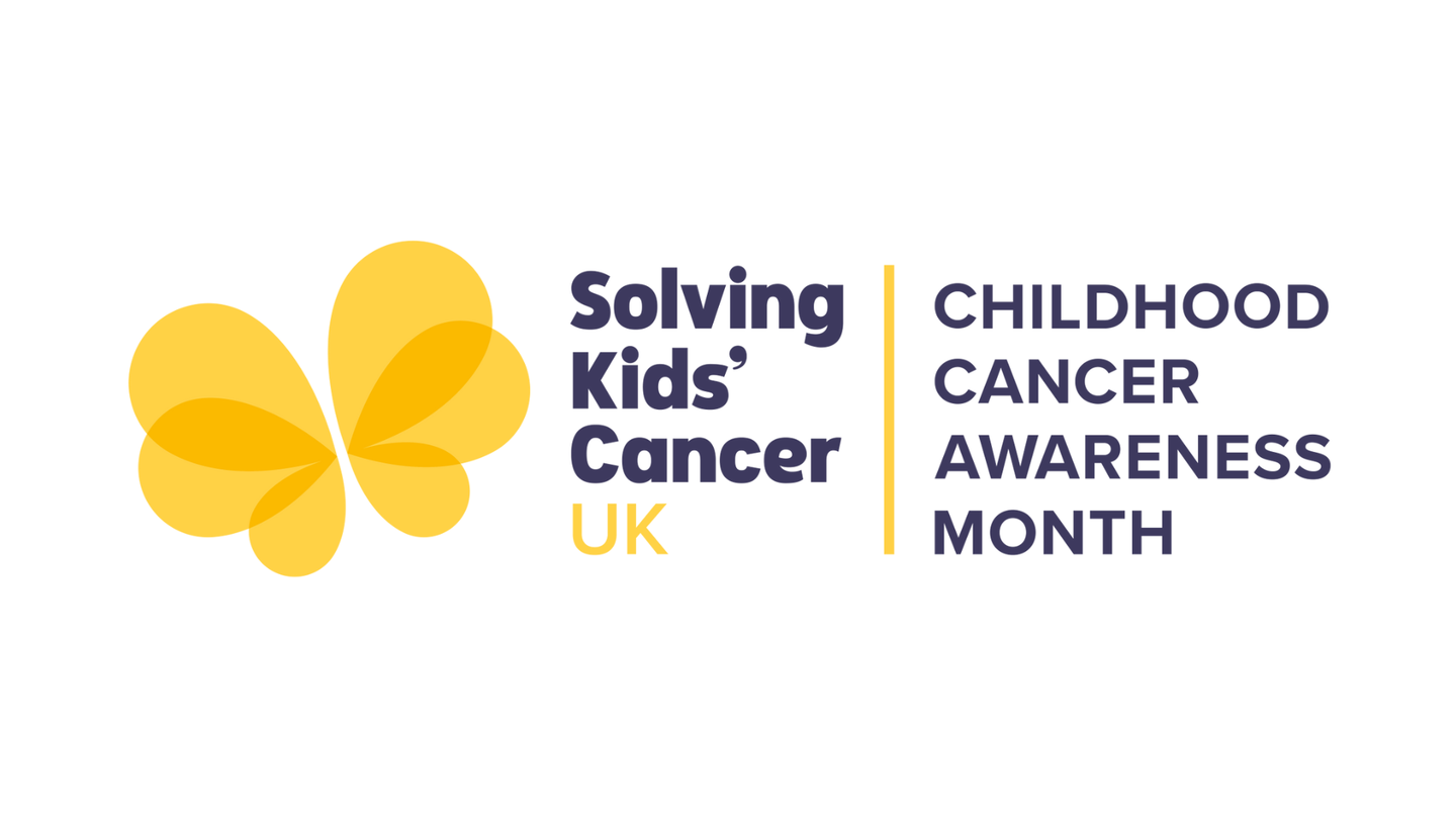 Yellow Solving Kids' Cancer UK logo with Children Cancer Awareness Month written next to it.