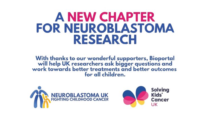 Image with blue and pink text that reads 'A new chapter for neuroblastoma research' alongside Solving Kids' Cancer UK' and Neuroblastoma UK's logos