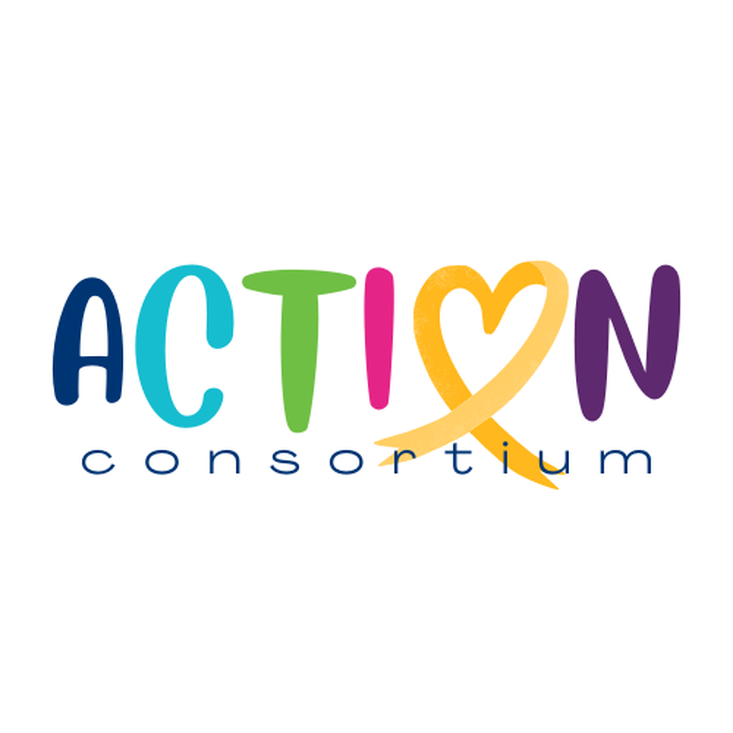 ACTION consortium logo. Rainbow coloured writing. The 'o' is a yellow heart.