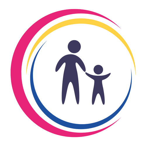 NPS logo made up of pink, yellow and blue crescents with a purple graphic of a parent and child holding hands.