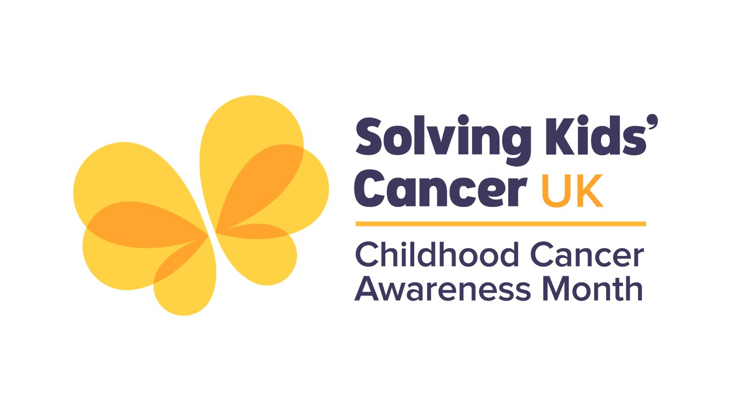 Solving Kids' Cancer UK's Childhood Cancer Awareness logo with their charity branded butterfly icon in yellow