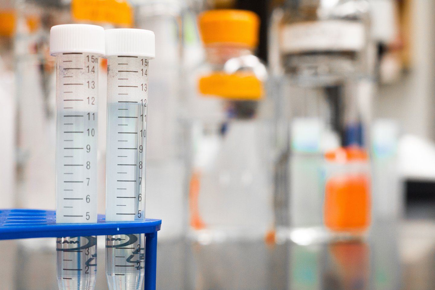 Two test-tubes containing clear fluid in a blue test tube holder. Out of focus glass vials with orange lids are in the background.