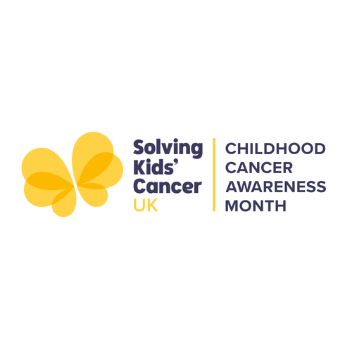 Yellow Solving Kids' Cancer UK logo with Children Cancer Awareness Month written next to it.