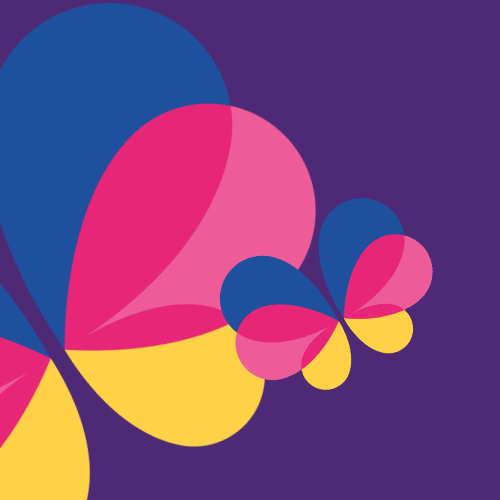 A small and large pink, blue and yellow SKC butterfly logo on a purple background.